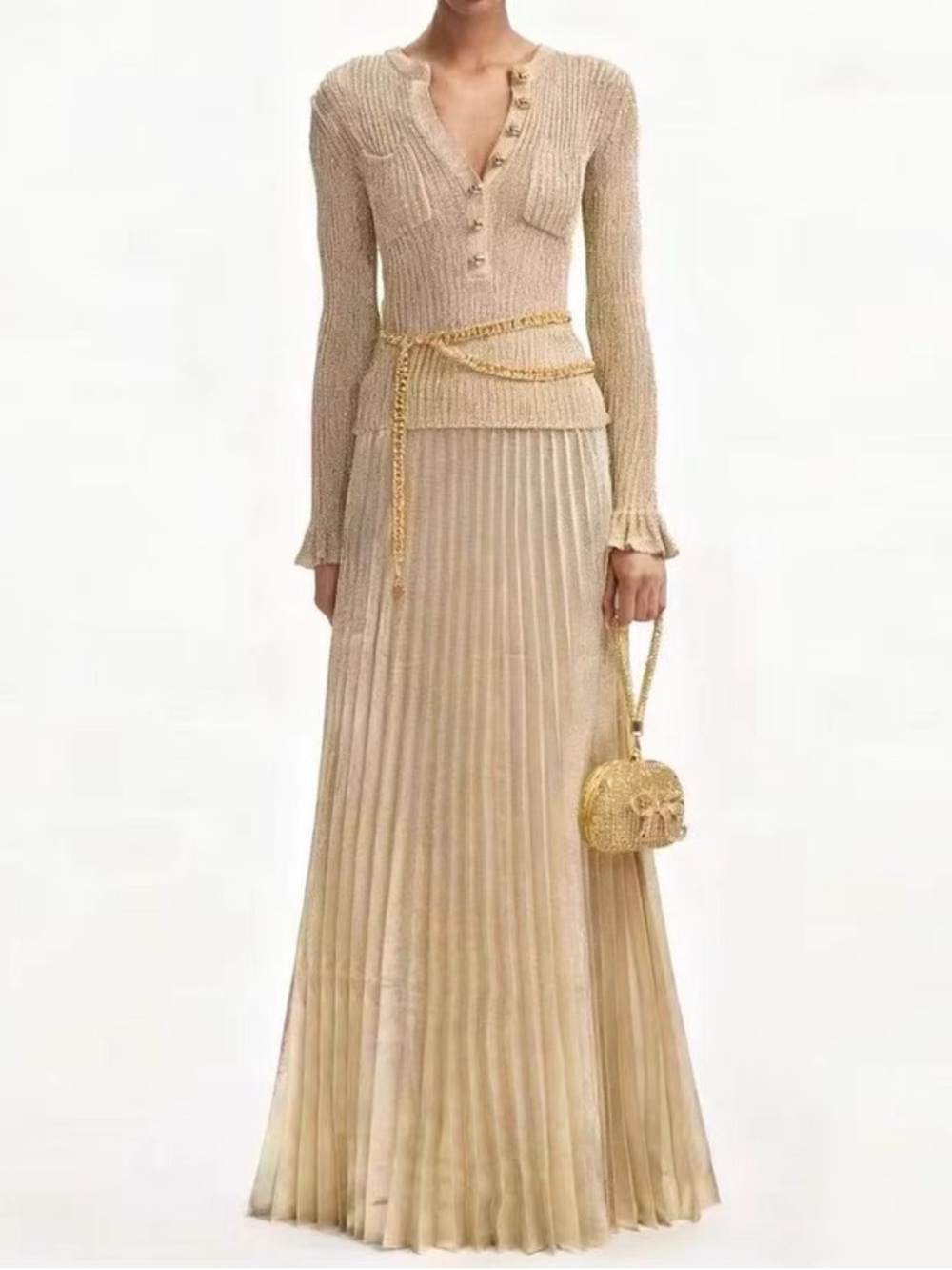 High fashion Beige Pleated Maxi Skirt - Elegant Women's Skirt with shirt set